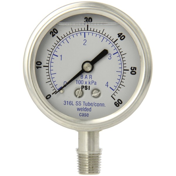 PIC Gauge 301LFW-254D-SIL 2.5" Dial, 0/60 psi Range, 1/4" Male NPT Connection Size, Bottom Mount Silicone Filled Pressure Gauge with a Stainless Steel Case and Internals, Stainless Steel Bezel, and Polycarbonate Lens
