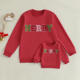 Karuedoo Mommy and Me Outfits Christmas Family Matching Outfits Merry Letter Embroidered Sweatshirt Long Sleeve Shirts Top (Baby, 2-3 Years, Red)