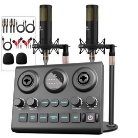 Squarock Podcast Equipment Bundle for 2, Voice Changer with LAB1 Dynamic Podcast Microphone Audio Interface Studio Podcast Perfect for Recording Singing Streaming Gaming - Color: SR-F10