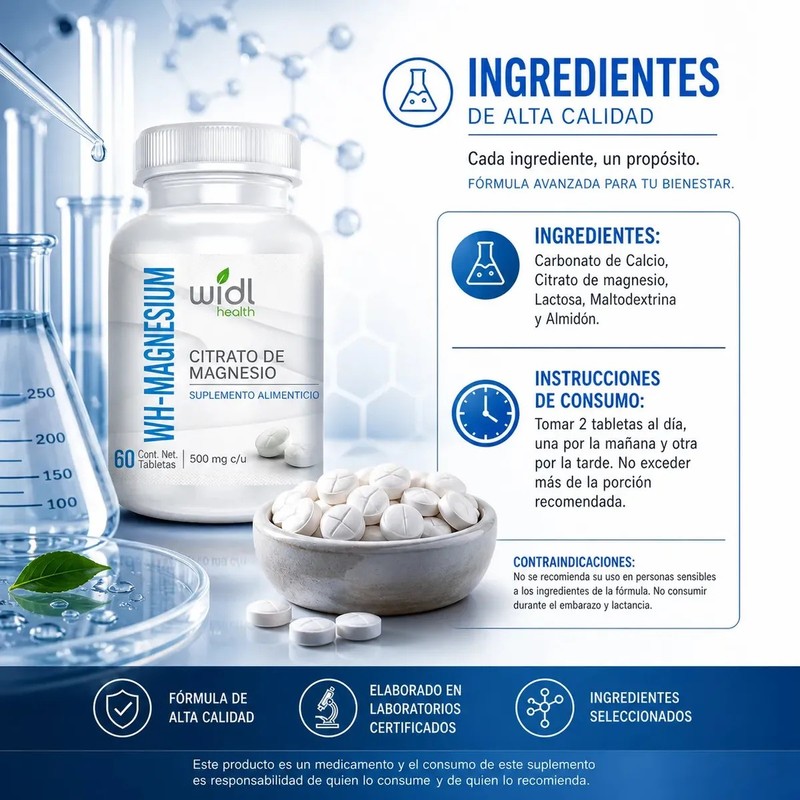 Citrato de Magnesio Widl Health en Tabletas, Suplemento Nutricional de