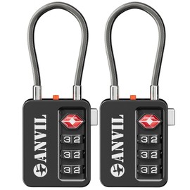 ANVIL TSA Locks for Luggage with Search Alert: Durable Cable Combination Locks, TSA Approved - Secure Travel Locks for Suitcases, Backpacks & Gun Cases (2, Black)