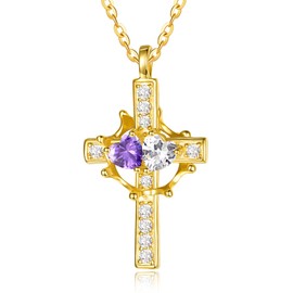 Crown Cross Necklace for Women Sterling Silver Cross Necklace with Crown Gold Cross and Crown Pendant jewellry Amethyst CZ April February Birthstone jewellry Gifts for Women