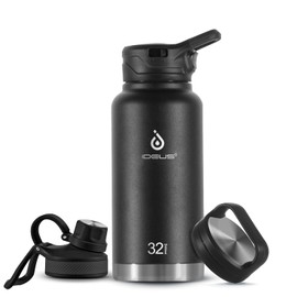 IDEUS Vacuum Insulated Water Bottle, 32 oz Stainless Steel Water Bottles with Straw, Chug and Spout Lid, Reusable Metal Water Bottle Leak Proof Gym Water Bottle, BPA-Free(Black)