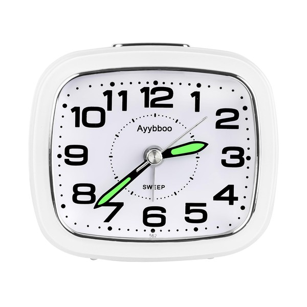Ayybboo Analogue Alarm Clock, No Ticking, Analogue Alarm Clock with Snooze Night Light, Analogue Alarm Clock, Silent Dial, Analogue Quartz Alarm Clock, Learning Alarm Clock, Bedroom (Pure White)