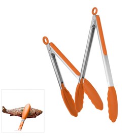 QuickSync Kitchen Slicone Tongs | Set of 2 – 9 inch & 12 inch | Stainless Steel Food Tongs | Premium Locking | Non-Stick Tongs for Cooking | BBQ | Grilling | Salad Tong | BPA Free (2, Orange)