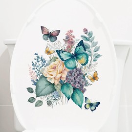Flowers Butterfly Toilet Seat Lid Stickers Self-Adhesive Bathroom Wall Sticker Floral, Butterfly Toilet Seat Decals DIY Removable Waterproof Sticker for Bathroom Decor Decals