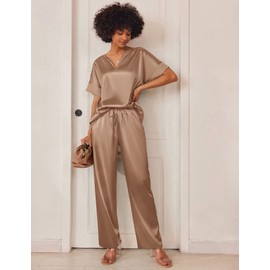 Ekouaer Womens Pajama Set Short Sleeve Sleepwear and Comfy Pjs Long Pant Two Piece Loungewear Set,Camel,M