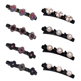 Braided Hair Clips for Women, Sparkling Pearl Crystal Stone Barrette, 8PCS Rhinestone Duckbill Braid Clips for Women with 3 Small Flower Crystal Hair Accessories Girls Styling Sectioning