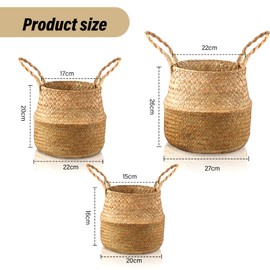 Patelai 3 Set Seagrass Belly Storage Basket Woven Plant Pot Holder with Handles for Plants Picnic Grocery Laundry(Natural Color)