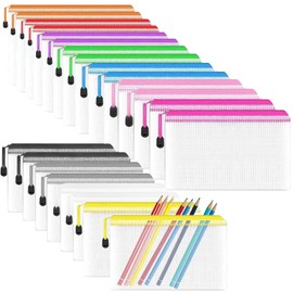 A4 Mesh Document Bag, 24 PCS Clear Pencil Case, Colourful Plastic Bags Document Folder Plastic Wallets Zip Lock Bags A6 Mesh Zipper Bag for School Home Office and Travel(12 Colours)