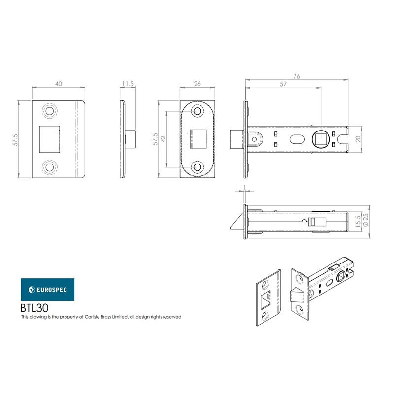 Carlisle Brass BTL30 BTL30AB 76MM CE B/T Tubular MORTICE Latch
