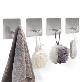 iBath 4-Packs Adhesive Towel Hooks, sus304 Stainless Steel Traceless Wall Hooks Bathroom or Kitchen, for Hanging Coat, hat, Towel. Polished Steel