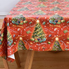 Yofori Christmas Table Cloth Rectangle Heavy Duty Vinyl Red Christmas Tablecloth Plastic Reusable Santa Tablecloth Wpieable Waterproof PVC Xmas Table Cover for Dining Party New Year(Red, 54"x72")