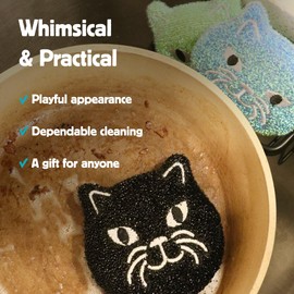 Kikkerland Reusable Cat Scrub Sponge – Cleaning Supplies for Kitchen, Home Essentials – Fun Gifts for Kids & Adults – Set of 3