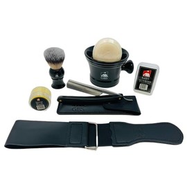 G.B.S Juego de afeitado para hombre – Deluxe Shave Ready Straight Razor 6/8 pulgadas de acero al carbono taza de afeitar, cerdas sintéticas, cepillo de afeitar, jabón, funda de afeitar, bloque de aluminio y Strop el mejor juego de Navidad para hombres