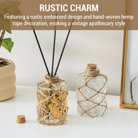 MyGift Set of 2 Rustic Embossed Glass Bud Vases with Cork Lids and Hand-Woven Hemp Rope – Apothecary Style Decorative Bottles for Farmhouse, Vintage, or Boho Home Decor