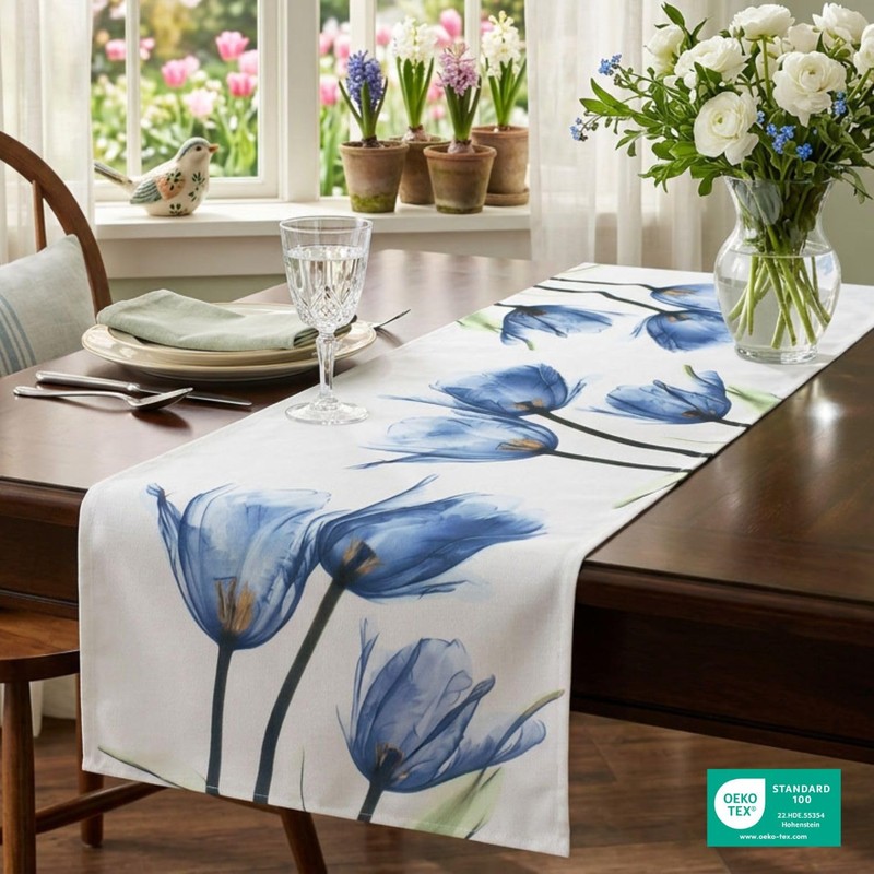 Table Runner Tulips Blue Beige Cream Modern Printed Motif Tablecloth