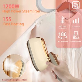 Travel Clothes Steamer, 1200W High-Power Handheld Steam Iron, 2-In-1 Steamer&Iron, Small Hanging Iron with 3-Speed Temperature Regulation, 15S Heating, 110ml, Suitable for Home, Travel&Dorm (Beige)