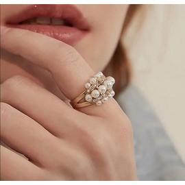 HUASAI Pearl Ring Pearl Rings for Women Freshwater Gold Pearl Ring Stackable Pearl Beaded Ring Open Adjustable Boho Vintage Pearl Thumb Midi Pinky Knuckle Rings Christmas Jewelry Gifts