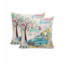 Easter Cotton Reversible Throw Pillow Covers for Couch, Happy Easter Eggs Tree Farmhouse Truck Gnomes Soft Cushion Cases Red Spring Decorative Pillow Case for Bedroom Chair Car 18x18 Inch, Set of 2