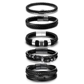 LOWNOUR LOWNOUR Black Leather Bracelets for Men Women 5pcs Mens Bracelet Leather and Steel Braided Cuff Bracelets
