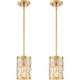 Modern Crystal Pendant Light Fixture 2-Pack Gold Finish Hanging Lighting Crystal Chandelier for Kitchen Island