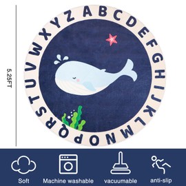 LTKOUGFAM Round Kids Rug for Playroom,5.2ft ABC Alphabet Whale Kids Rug,Non-Slip Kids Rug Play Mat,Washable Educational Classroom Rug Kids Area Carpet for Kids Room Bedroom Nursery Playroom Decor