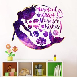 DEIKOKA Purple Galaxy Mermaid Wall Decal Cute Mermaid Wall Stickers Peel and Stick Wall Art Decor Girls Bedroom Playroom Nursery Bathroom Decoration