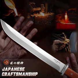 FUSIONKEI Tanto Fixed Blade Knife - Japanese Outdoor Survival Knives with Leather Sheath 5mm Thick Full Tang Bushcraft Knife for Camping Hiking Premium Gifts for Men