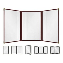 Burgundy, 25 Pack, 3 Pages / 6 Views Trifold - 8.5" x 14", Cafe Style Menu Cover, Side-Loading Double Stitched Edge, Crystal Clear Vinyl Menu Holder with Gold Decorative Corners
