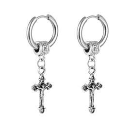 MALOYANVE Titanium Steel Cross Hoop Earrings Punk Cool Minimalist Cross Dangling Hanging Dangle Drop Huggie Hinged Hoop Cross Earrings for Men Women Gothic Jewelry (Silver Cross)