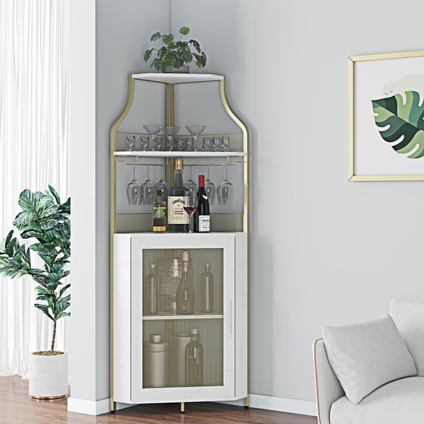 Amyove Corner Wine Bar Rack Cabinet with Detachable Wine Rack, Bar Cabinet with Glass Holder, Small Sideboard and Buffet Cabinet with Mesh Door,Gold