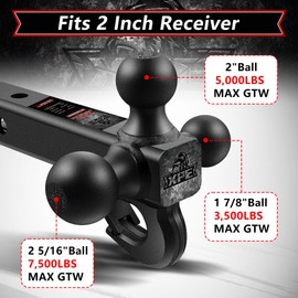 Trailer Hitch Tri Ball Mount with Hook,Fits 2” Hitch Receiver,1-7/8", 2"& 2-5/16"Matt Black Plated Balls ,Secure with Self-Lock Latch, 10,000 LBS GTW,for RV,SUV, ATV and Truck etc
