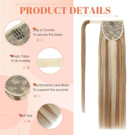 Benehair Real Hair Ponytail Extension, Braid Extensions, Real Hair, Wrap Around Real Hair Ponytail for Women, Flax Yellow Mixed Light Gold Ponytail, Real Hair Extensions, 40 cm, 80 g