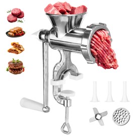 Manual Meat Grinder,304 Stainless Steel Hand Meat Grinder for Home Use, Food Grinder Manual Mincer Hand Crank with 3 Sausage Funnels, Hand Operated Kitchen Tool for Pork, Chili, and Sausage, Silver