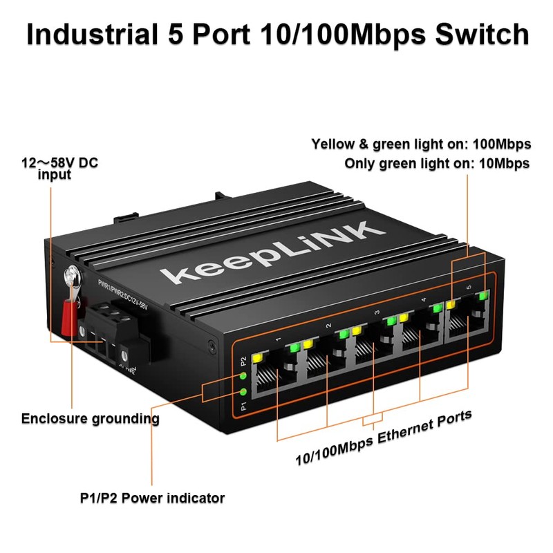 keepLiNK 5-Port Industrial Ethernet Switch, Unmanaged 10/100Mbps DIN-Rail Network Switch,