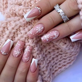 Christmas Press on Nails Long Coffin SWEKKE French Tip Fake Nails Pink Full Cover White Snow False Nails with Designs Rhinestones Glossy Glue on Nails Acrylic Artificial Nails for Women Girls 24Pcs