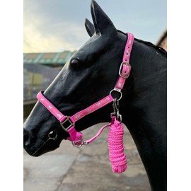 Horse Headcollar and Lead Rope Set, Pink with Horse Print Pattern, Padded Nubuck (Pink, Full)