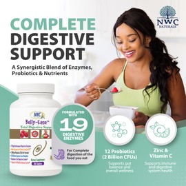 NWC Naturals Belly-Ease Healthy Digestive Enzymes Plus Prebiotics & Probiotics, Essential Enzymes, Vegetarian, Better Digestion, Full Spectrum Digestive Solution - 180 Count Chewable Tablets