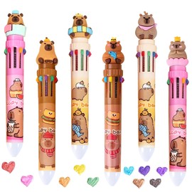 ERRKEWEND Capybara Multicolor Pen,10 Colors in 1 Set of Multicolour Pen, Retractable Multi Coloured Cartoon Capybara Ballpoint Pens for Party Favors Shaped Design Shuttle Pens, 6 Count