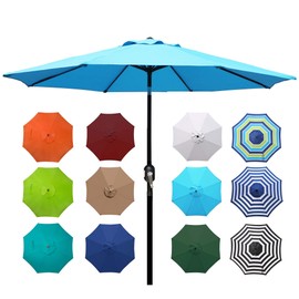 Blissun 9' Outdoor Aluminum Patio Umbrella, Market Striped Umbrella with Push Button Tilt and Crank (Light Blue)