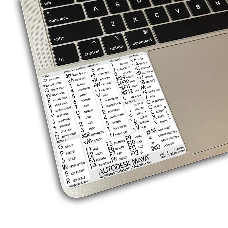 Autodesk Maya Reference Keyboard Hotkeys Decals for Mac OS Black,