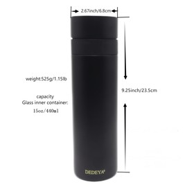 DEDEYA 15oz Stainless Steel Vacuum Insulated Water Bottle with glass liner inside,glass lined thermos with tea strainer for Hot drink and Cold drink-Leakproof car mug(Black,tea strainer)