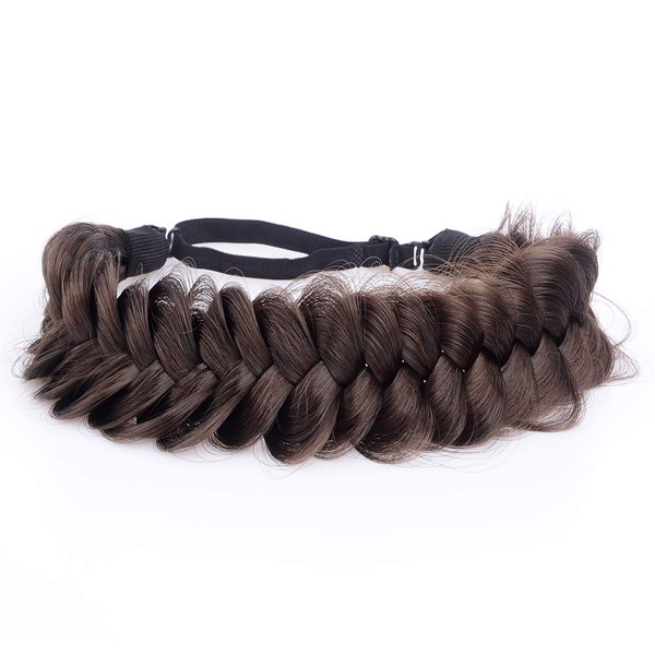 DIGUAN Messy Wide 2 Strands Synthetic Hair Braided Headband Classic Chunky Plaited Braids Elastic Stretch Hairpiece Women Girl Beauty Boho accessory, 62g/2.1 oz (Brunette Brown)