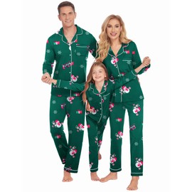 Ekouaer Christmas Family Matching Pajamas Long Sleeve Button Down Pj Set Festival Party Sleepwear,Dark Green Cute Pattern,Kids,6-7Y