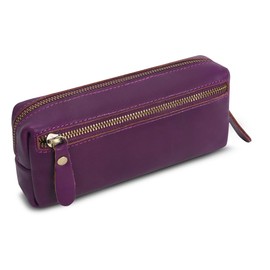 WONDERPOOL Pen Case Real Leather Pencil Pouch Markers Holder Big Capacity Bag with Side Zippered Pocket Sleeve for Stationery Makeup Utensils Organizer (Purple)