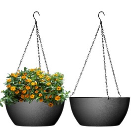 WSMKSZ 13 inch Large Hanging Planters Plant Pots for Outdoor Indoor Plants with Drainage Holes and Chain, 2 Pack Round Hanging Flower Pots for Garden Home Porch Decor, Black