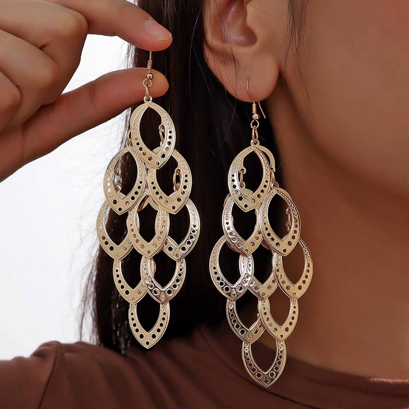 Inateannal Boho Layered Filigree Leaf Drop Earrings Gold Leaf Chandelier