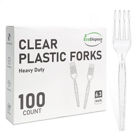 EcoDispose 100 Count Disposable Clear Plastic Forks Heat Resistant and BPA Free, Heavy Duty Durable Disposable Cutlery for Party Event Supply