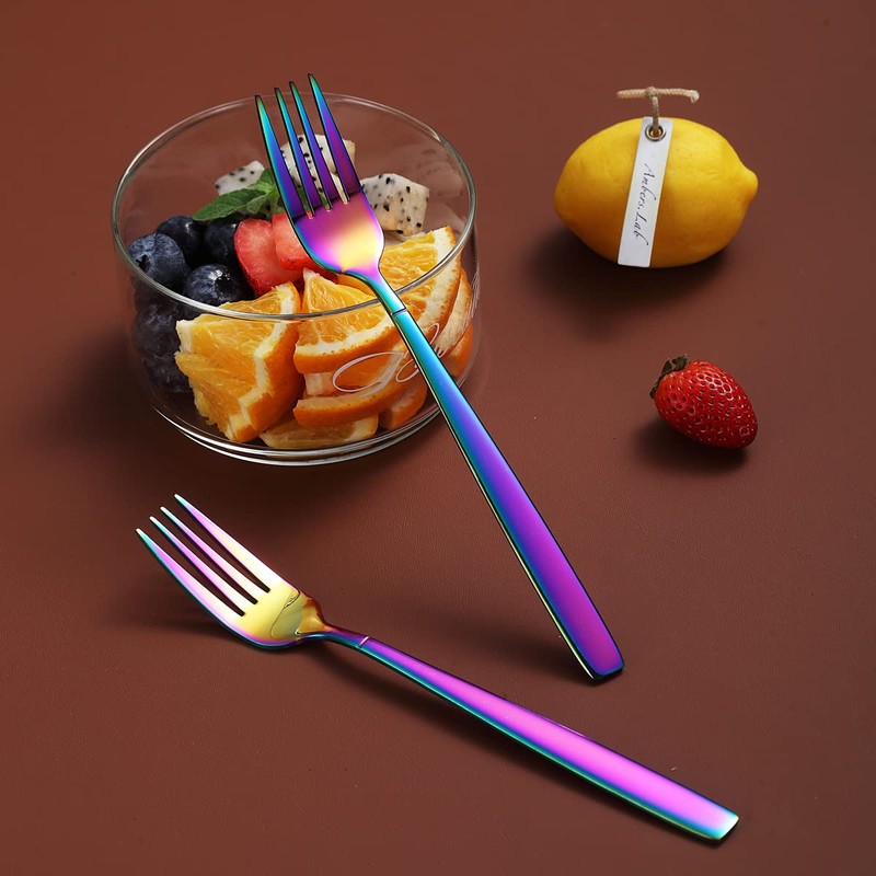 Rainbow Dinner Forks 6 Pieces, Kyraton Titanium Rainbow Plated Stainless